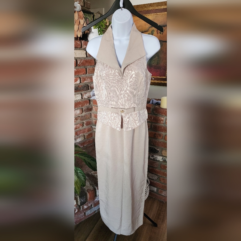 Vintage Aspeed Brocade Halter Maxi Dress Beige & Gold Evening Gown with Rhines - Picture 2 of 14